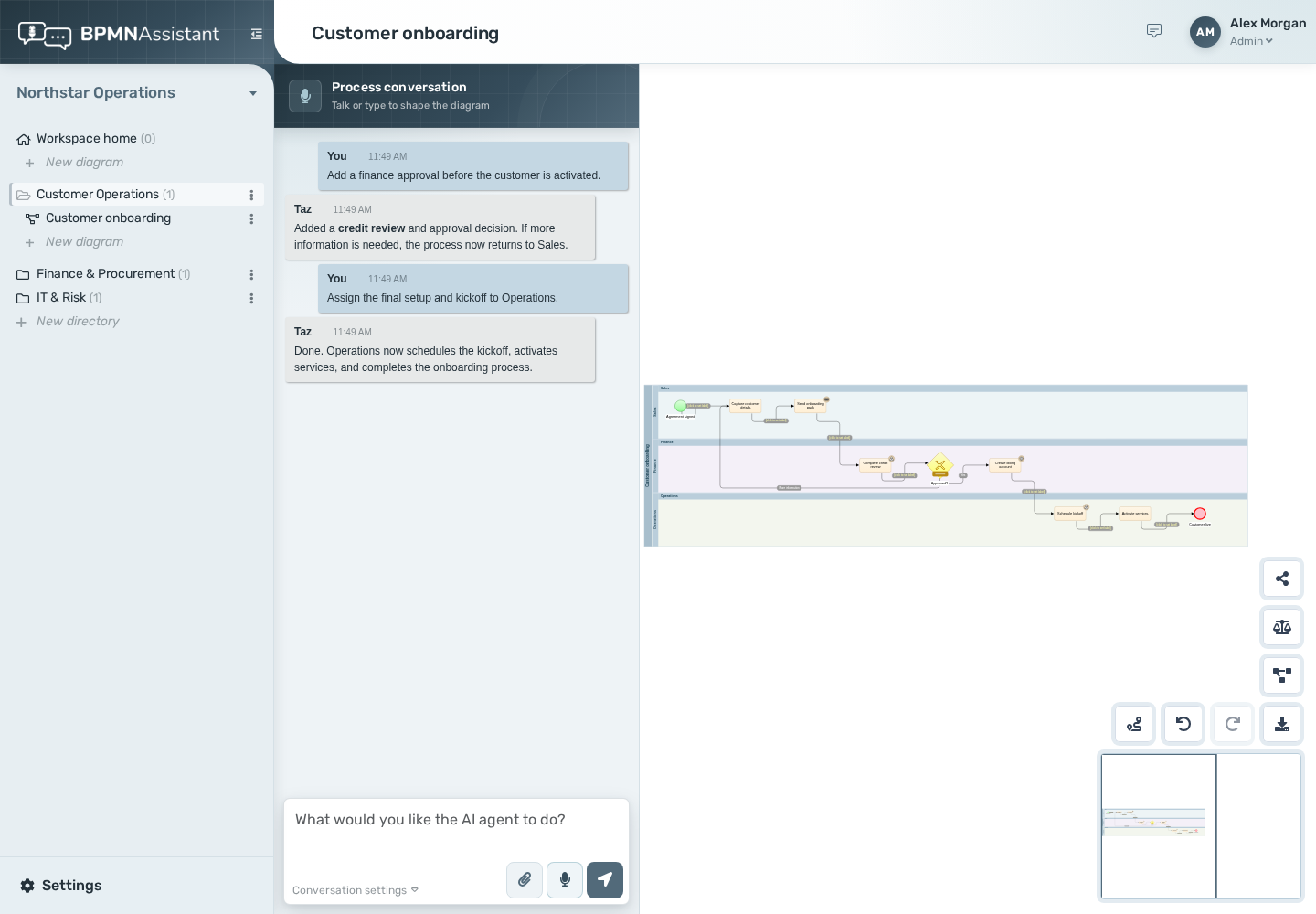 BPMN Assistant showing a customer onboarding diagram and a short process conversation
